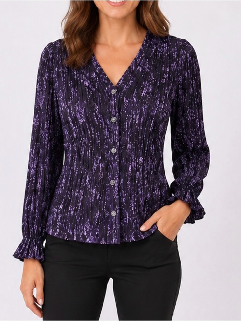 Rio & Rian Purple And Black Blouse - Long Sleeve Ruffle Cuff Size L